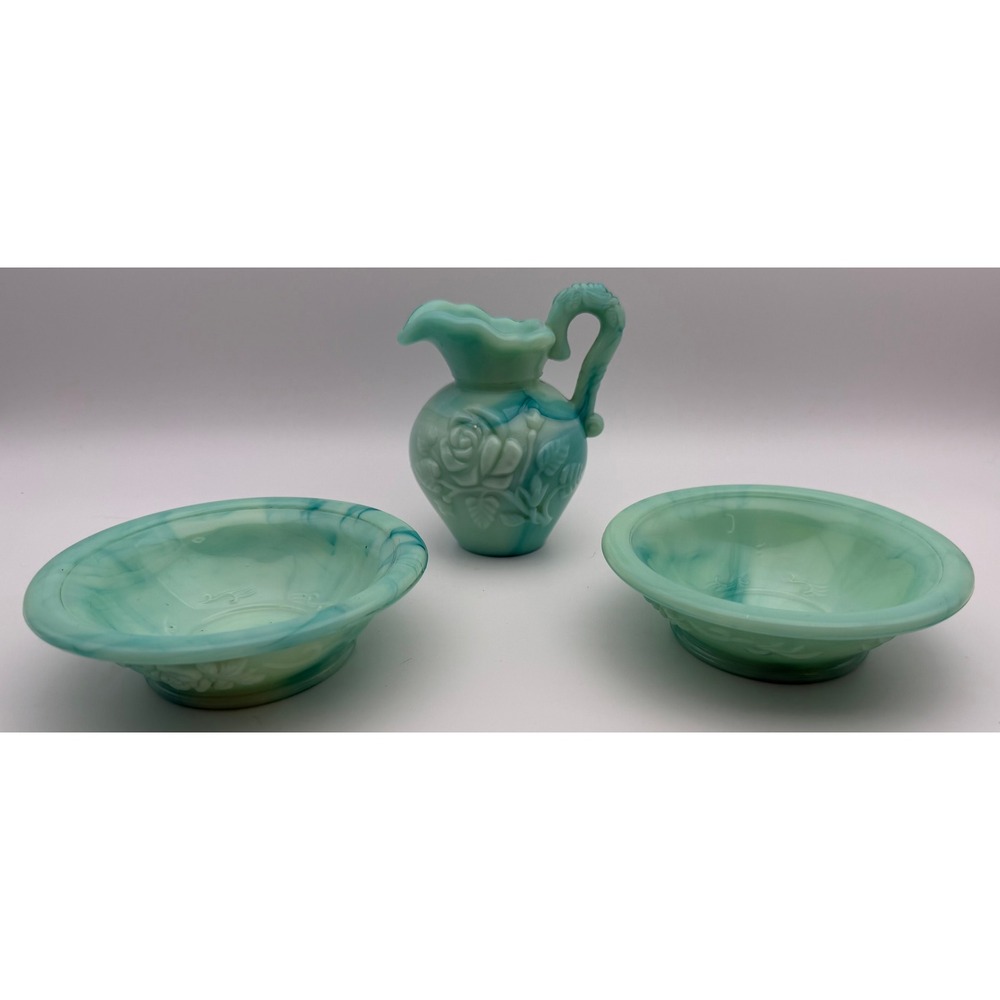 Vintage Avon Turquoise Slag Glass Pitcher and Basin Set Rose Relief 3 Piece